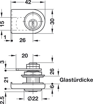 Glastür-Hebelverschluss, mit Stiftzylinder, Dornmaß 26 mm, kundenspezifische Schließanlage