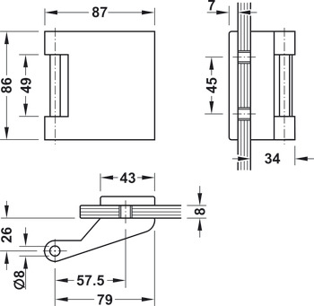 Glastür-Garnitur, GHR 503, Startec, mit 3-teiligen Bändern und Türdrücker-Paar