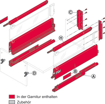 Frontauszug-Garnitur, Blum Tandembox antaro, mit Korpusschiene Blumotion, Reling D, Systemhöhe M, Zargenhöhe 83 mm