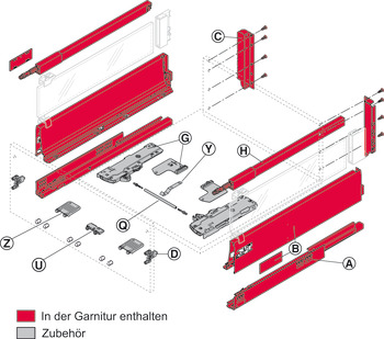 Frontauszug-Garnitur, Blum Tandembox antaro, mit Korpusschiene Blumotion / Tip-On Blumotion, Reling C, Systemhöhe M, Zargenhöhe 83 mm