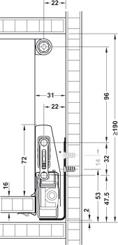Frontauszug-Garnitur, Häfele Matrix Box P35, mit Längsreling rund, Zargenhöhe 92 mm, Tragkraft 35 kg