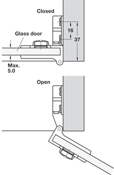 Glastürscharnier, Öffnungswinkel 170°, Innenanschlag