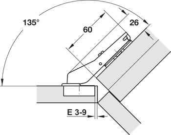 Topfscharnier, Häfele Duomatic Plus 110°, für 45°-Winkelanwendung, für bündige Fronten